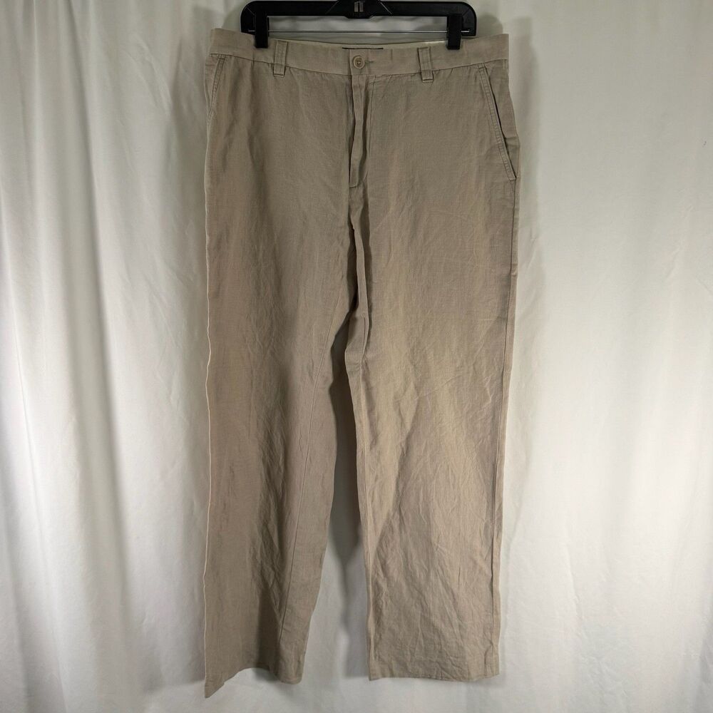 Banana Republic Linen Blend Pants Mens 36x34 Beige Flat Front Bootcut Button Zip
